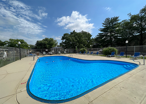 Crystal-clear outdoor swimming pool with safety ropes, surrounded by lounge chairs, fencing, and lush trees on a sunny day.