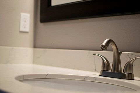 a bathroom sink with a faucet and a mirror