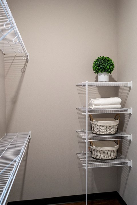a white closet with baskets and a plant