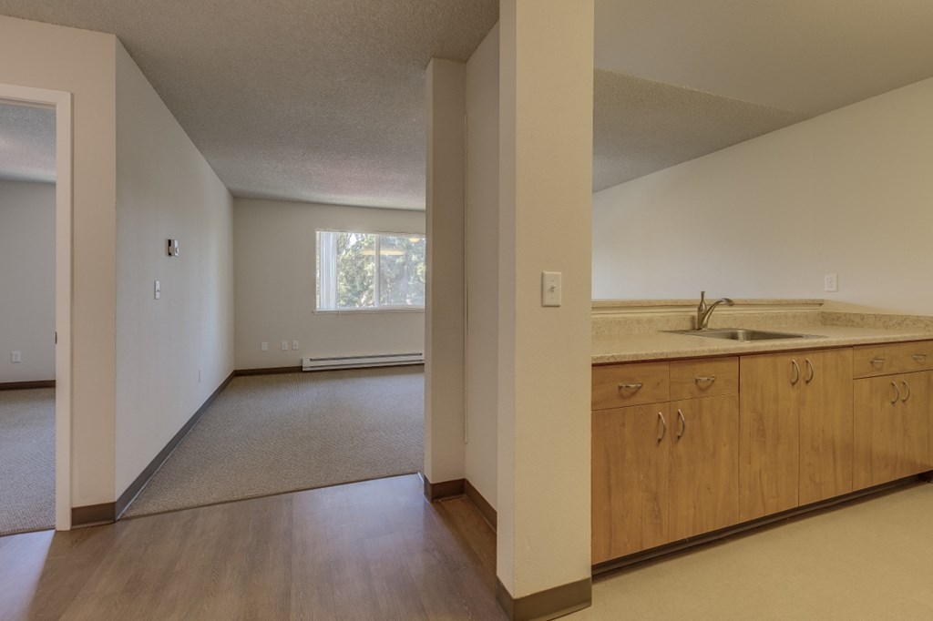 an empty kitchen and living room with a sink and a window