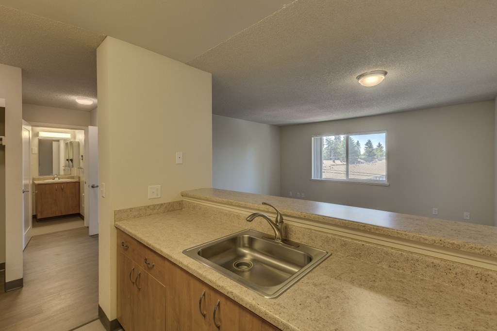an empty kitchen with a sink and a window