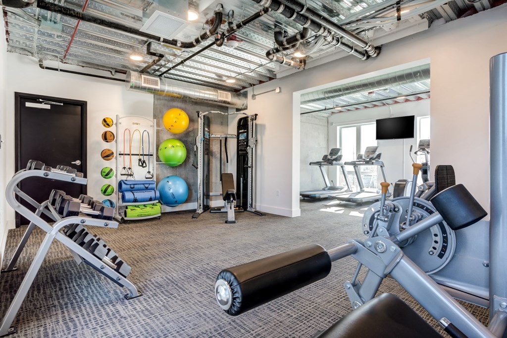 a gym with weights and other exercise equipment on the wall and a television