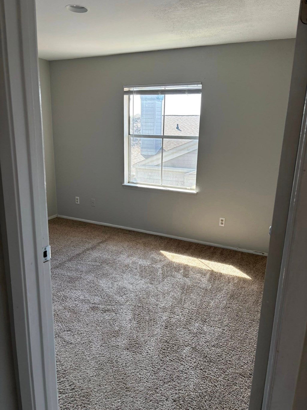 A room with a carpeted floor and a window.