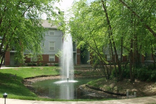 A fountain in the middle of a pond surrounded by trees.