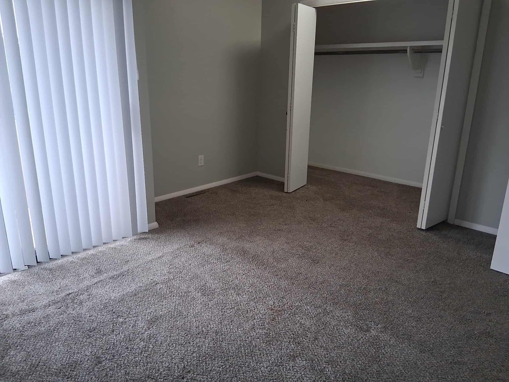 A room with a carpeted floor and a closet.