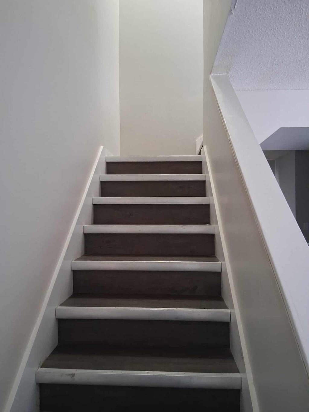 A set of stairs with white risers and brown treads.