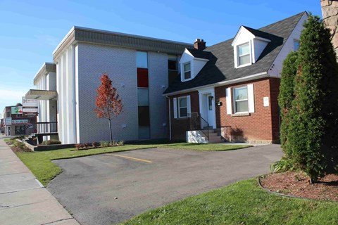 A building with a red tree in front of it.