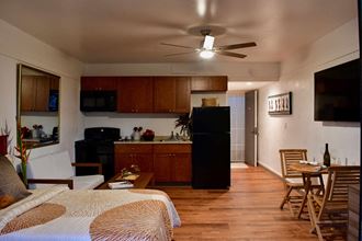 a living room and kitchen with a bed and a ceiling fan