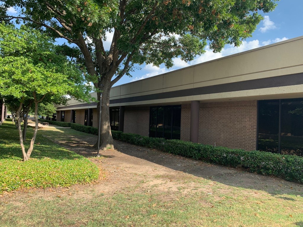 an office building with a tree in front of it