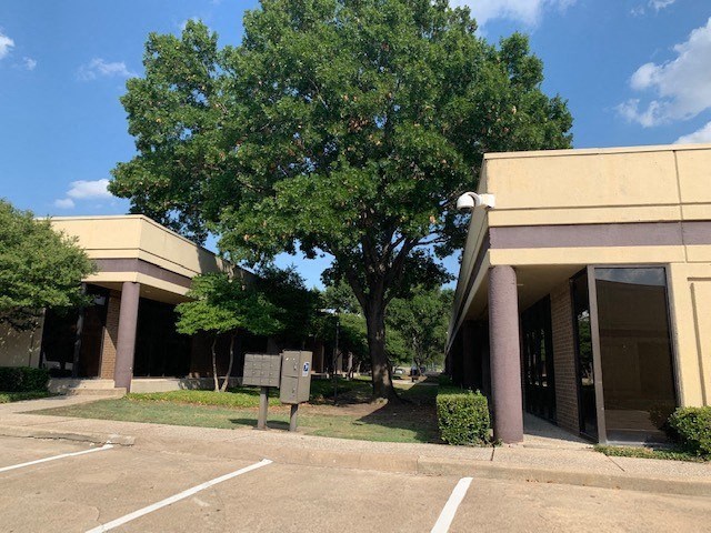 a parking lot with a tree in front of a building