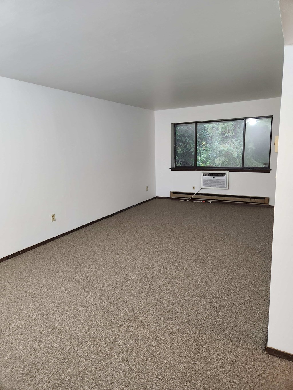 an empty room with carpet and a window