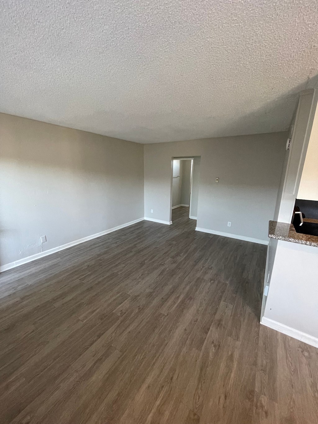 an empty living room with wood flooring and white walls
