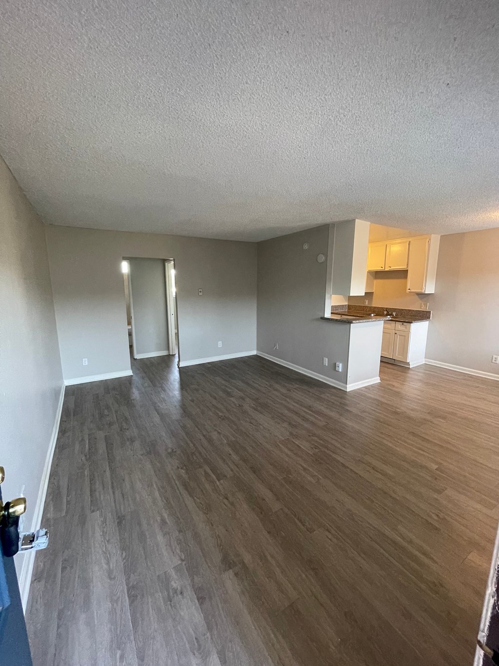 an empty living room with wood floors and a kitchen