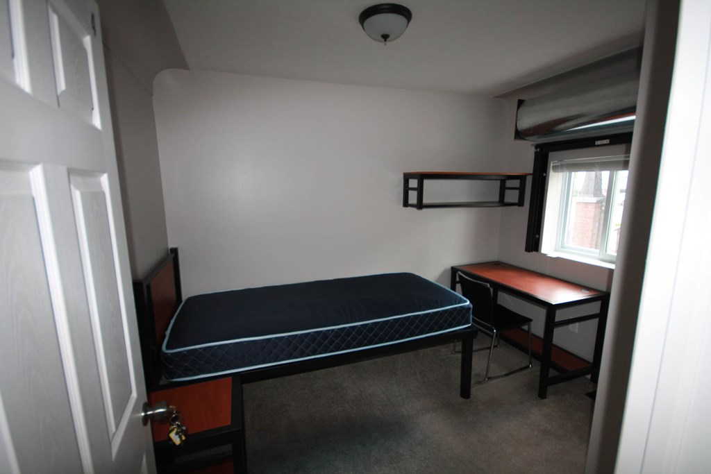 A small room with a bed, desk, and window.