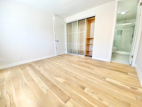 a renovated living room with wood flooring and a closet