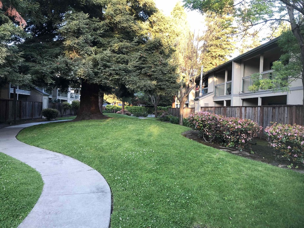 a walkway through a yard in front of an apartment building