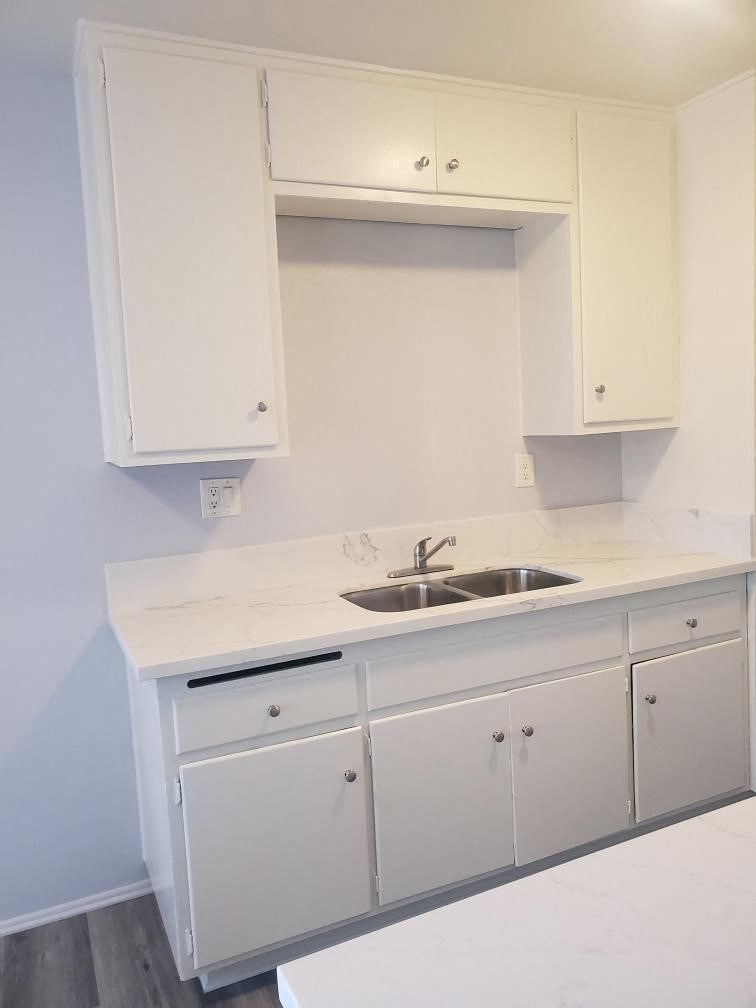a kitchen with white cabinets and a sink