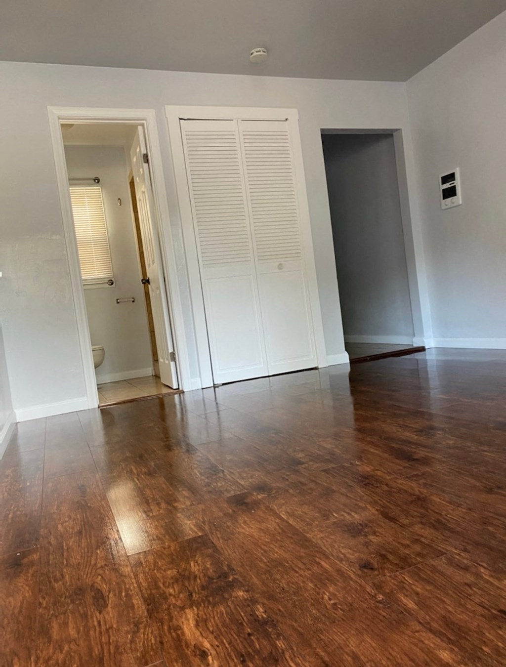 an empty living room with wood flooring and white doors
