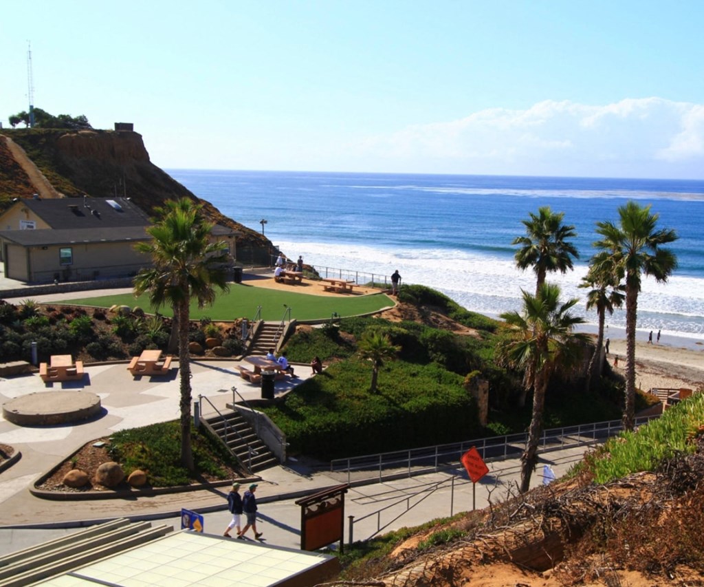 a view of the beach and the ocean from a park with palm trees