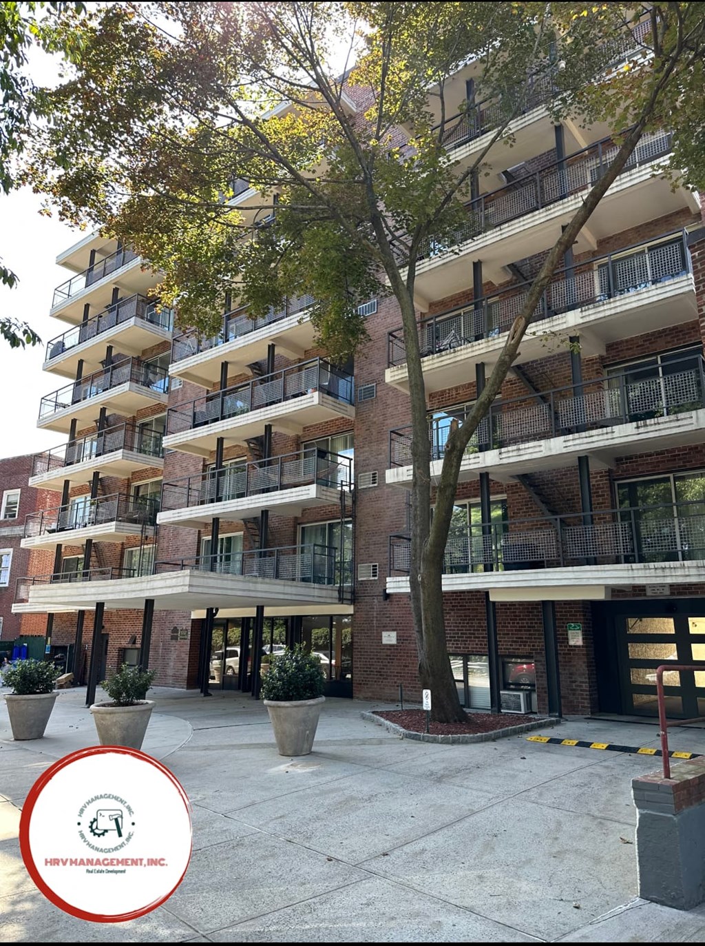 a view of an apartment building with a tree in front of it