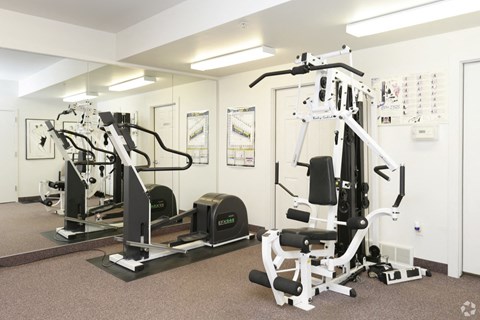 a gym with weights and other exercise equipment in a building