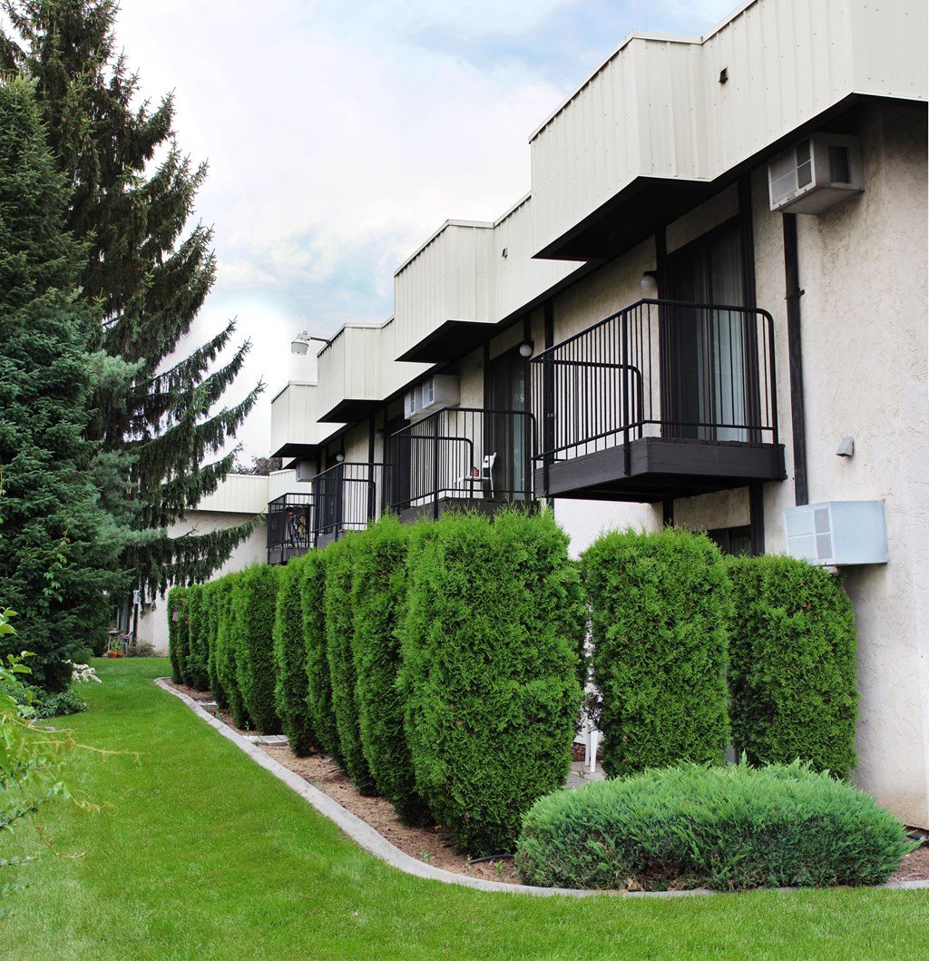 a row of hedges in front of an apartment building