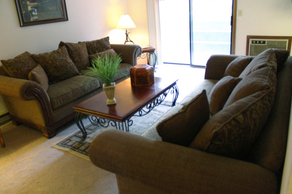 a living room with couches and a coffee table