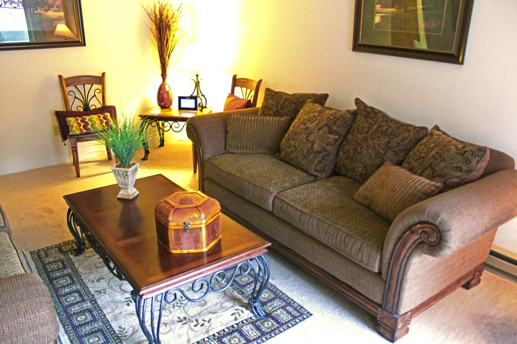 a living room with a couch and a coffee table