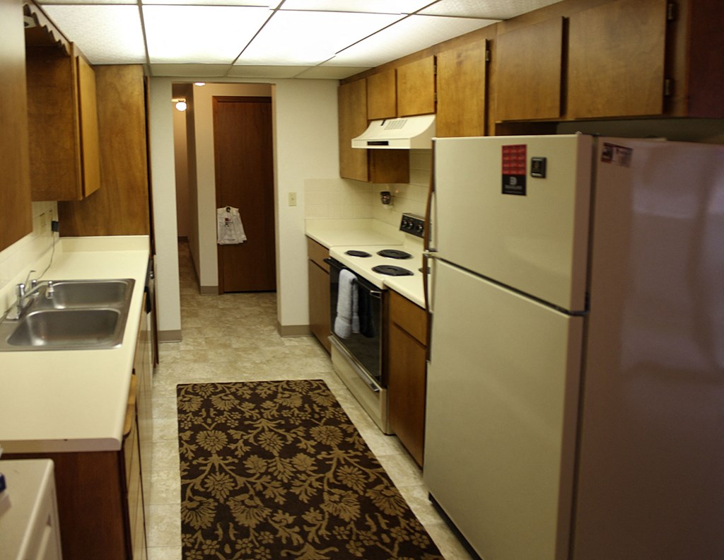 a kitchen with a refrigerator and a sink
