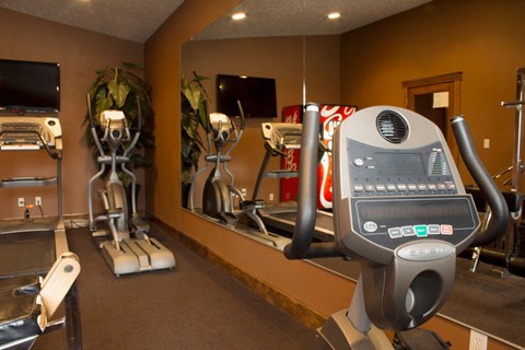 A gym with a treadmill, elliptical trainer and a stationary bike.