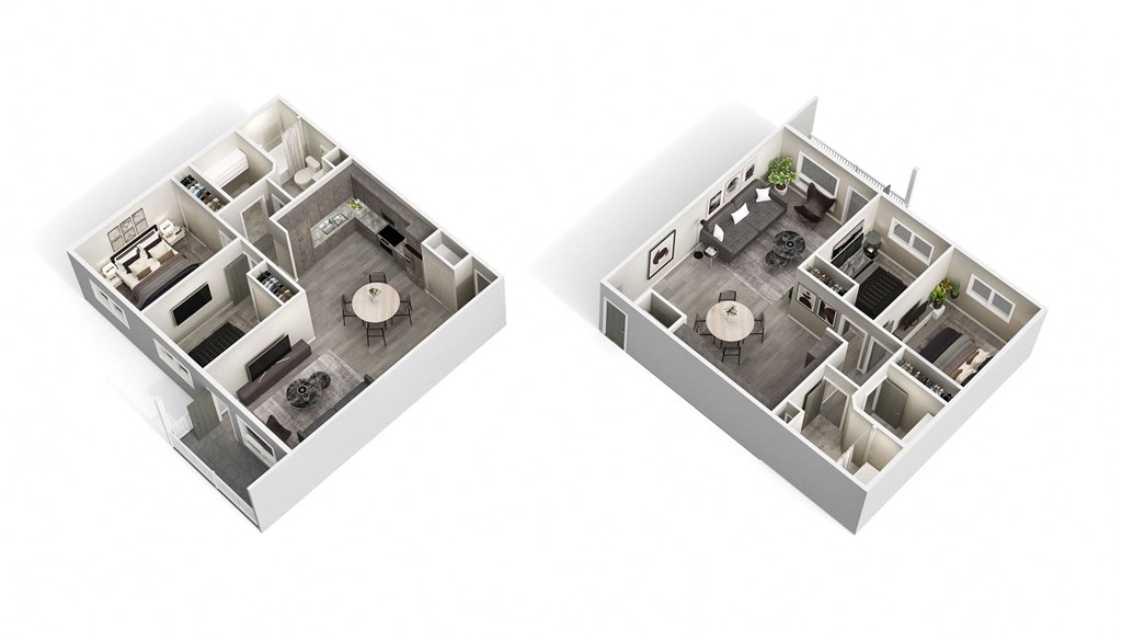 two floor plans of a house with a living room and a dining room