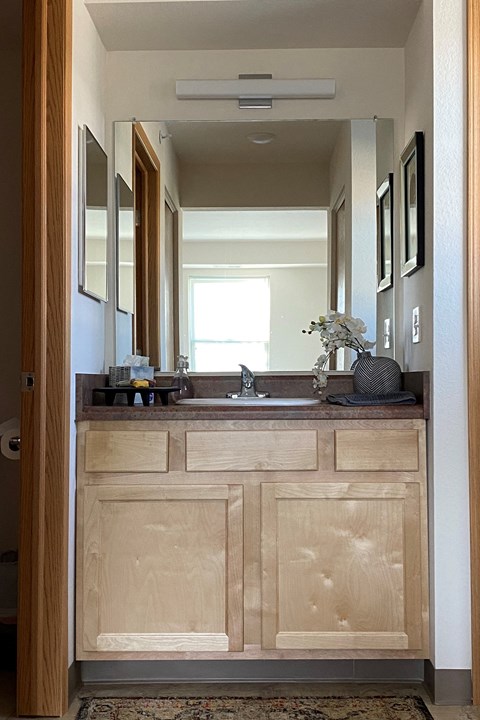 a bathroom with a large mirror and wooden cabinets