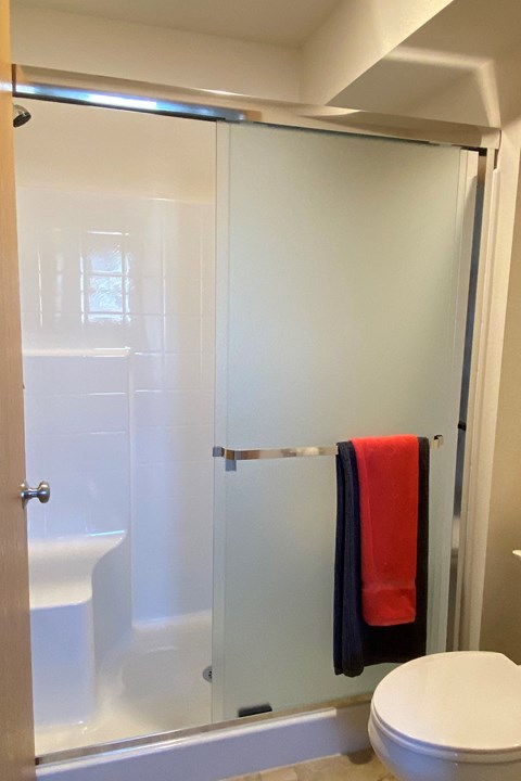 a small bathroom with a shower and a toilet