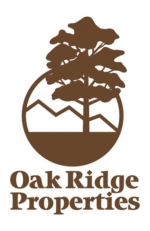 a logo properties with a tree and mountains