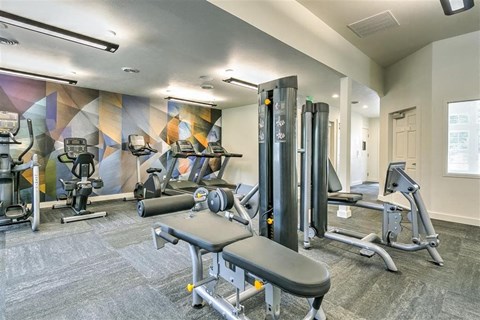A gym with a variety of equipment including a leg press machine.