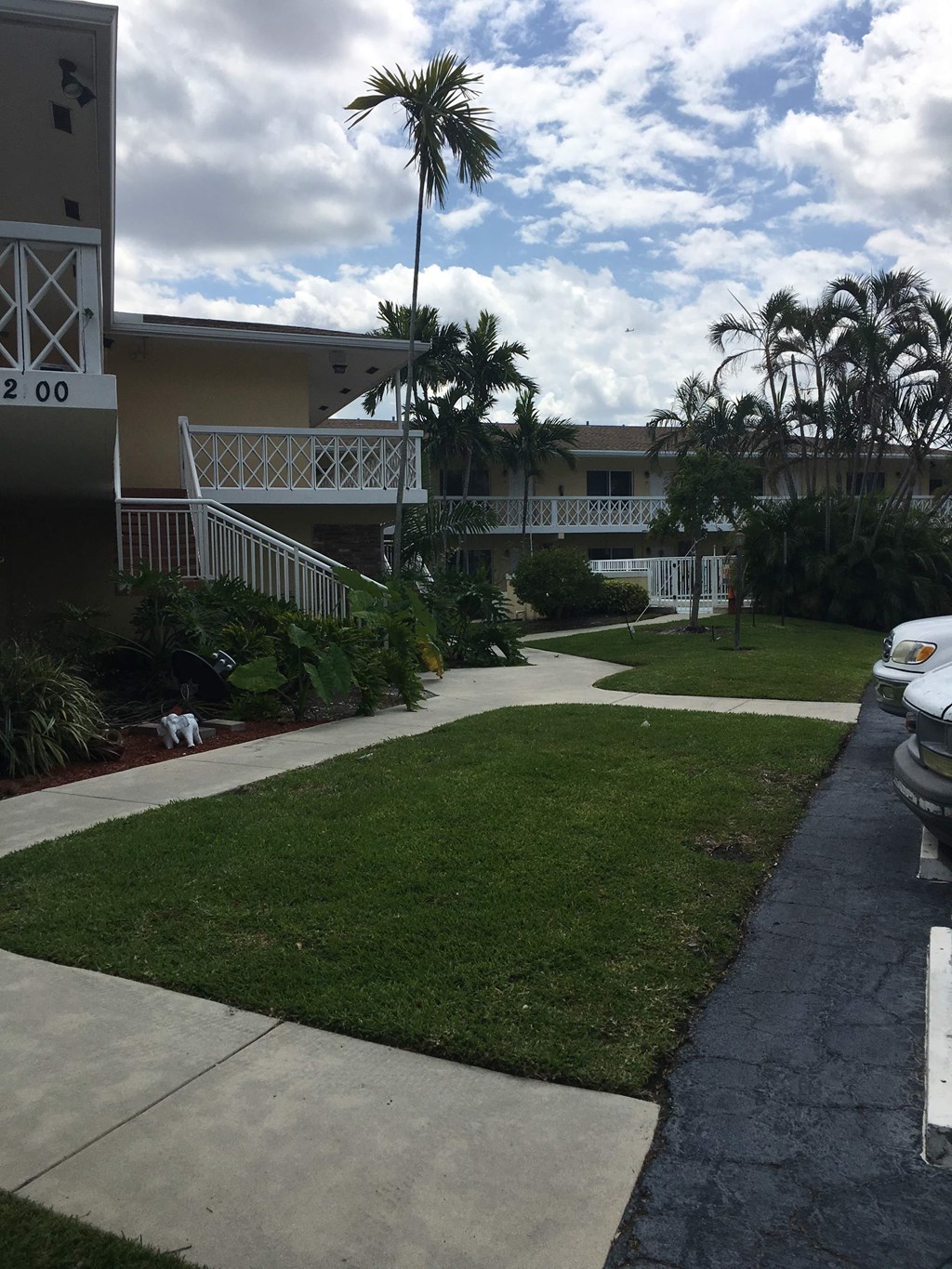 a sidewalk in front of a building with palm trees