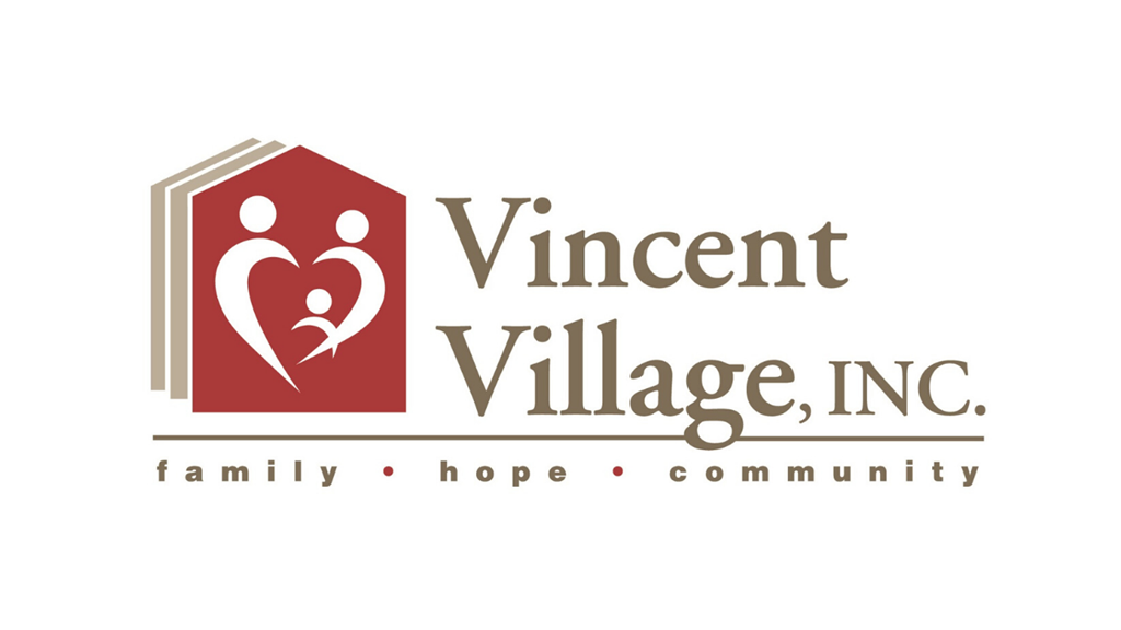 The image is a logo of Vincent Village, INC. with the words family, hope, and community underneath.