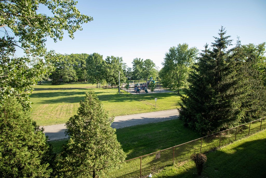 a view of a park with a playground and trees