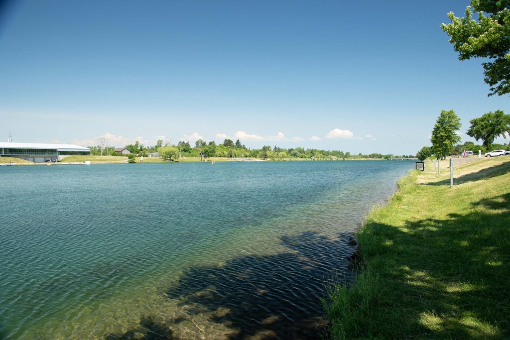 a view of a lake with a grassy shore and a building in the background