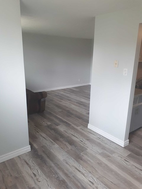 a living room with white walls and wood floors