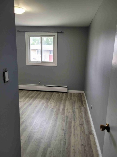 A room with a window and a radiator on the wall.