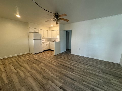 a living room and kitchen with a ceiling fan