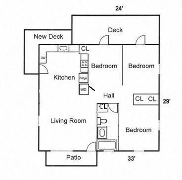 A floor plan of a house with a deck, two bedrooms, a living room, a kitchen, a patio, and a hall.