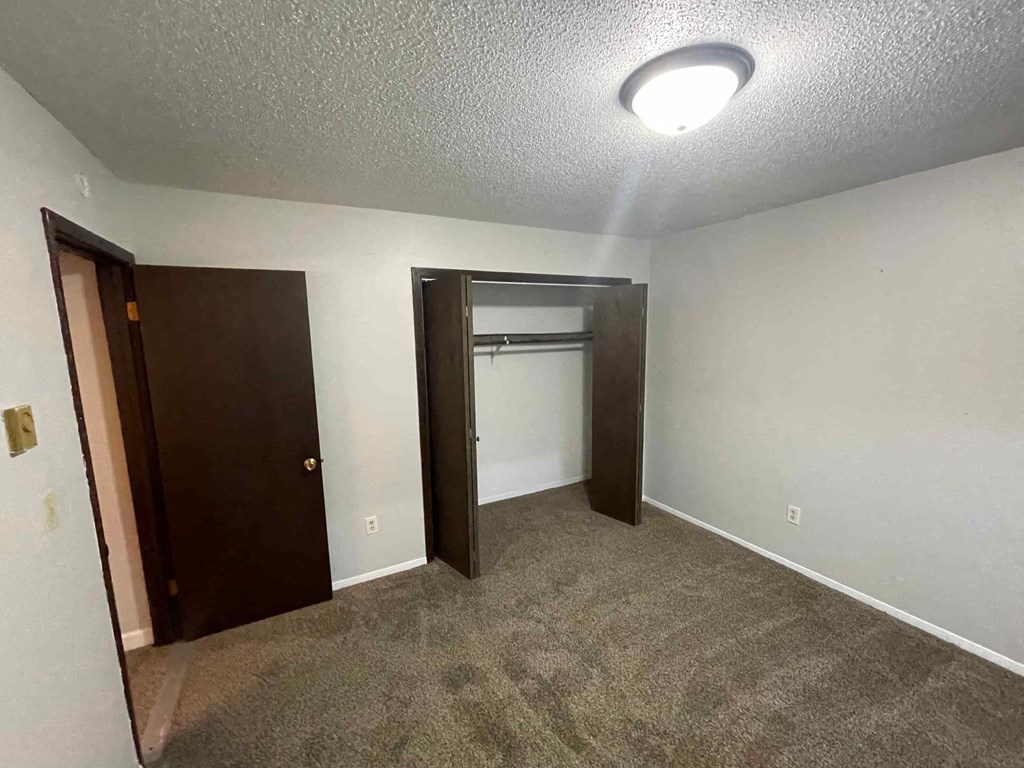 A room with a carpeted floor, a door, and a closet.