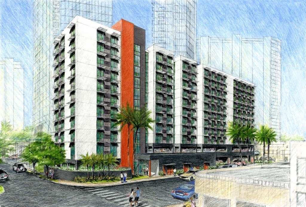 a rendering of a tall building with palm trees in front of it