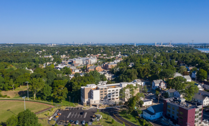an aerial view of a city with trees and buildings