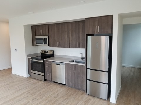 an empty kitchen with stainless steel appliances and wooden flooring