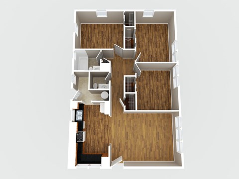 A 3D rendered image of a house layout.