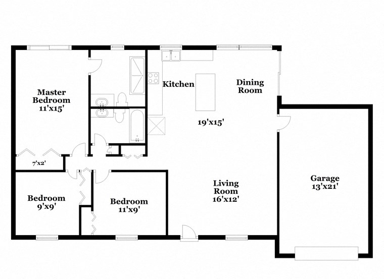 a floor plan of a house with a small kitchen and a living room