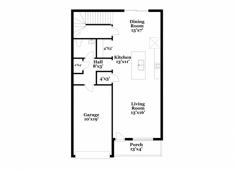 a floor plan of a home with a small kitchen and a living room